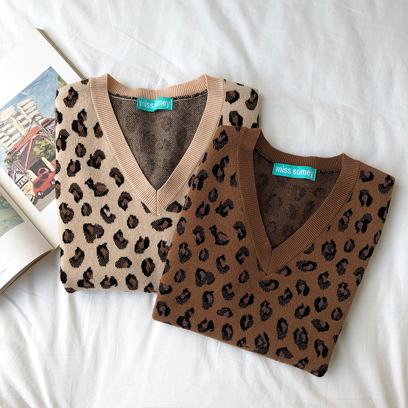 New leopard vest knitted female Vintage Oversize Spring Autumn Women Vest Wool Sweater Vests Poullovers Sleeveless Female Vest 201211