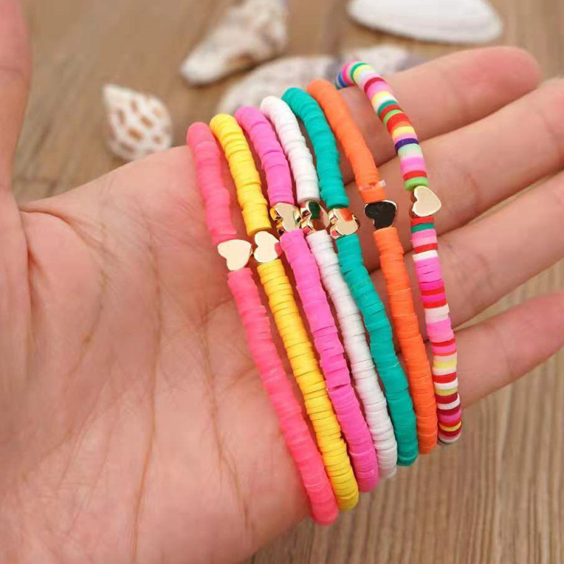 Gold Heart Charm Bracelets Colorful Polymer Clay Vinyl Heishi Disc Strands Stretch Bracelet Jewelry Wholesale 7pcs/set