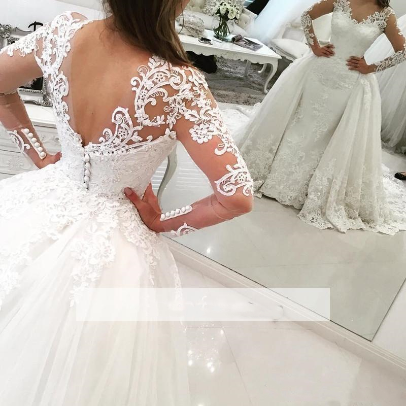 Luxury Country Lace Wedding Dresses Bridal Gowns with Detachable Train Overskirts Appliqued Long Sleeves Vintage V Neck Plus Size Bride Dress Vestido 
