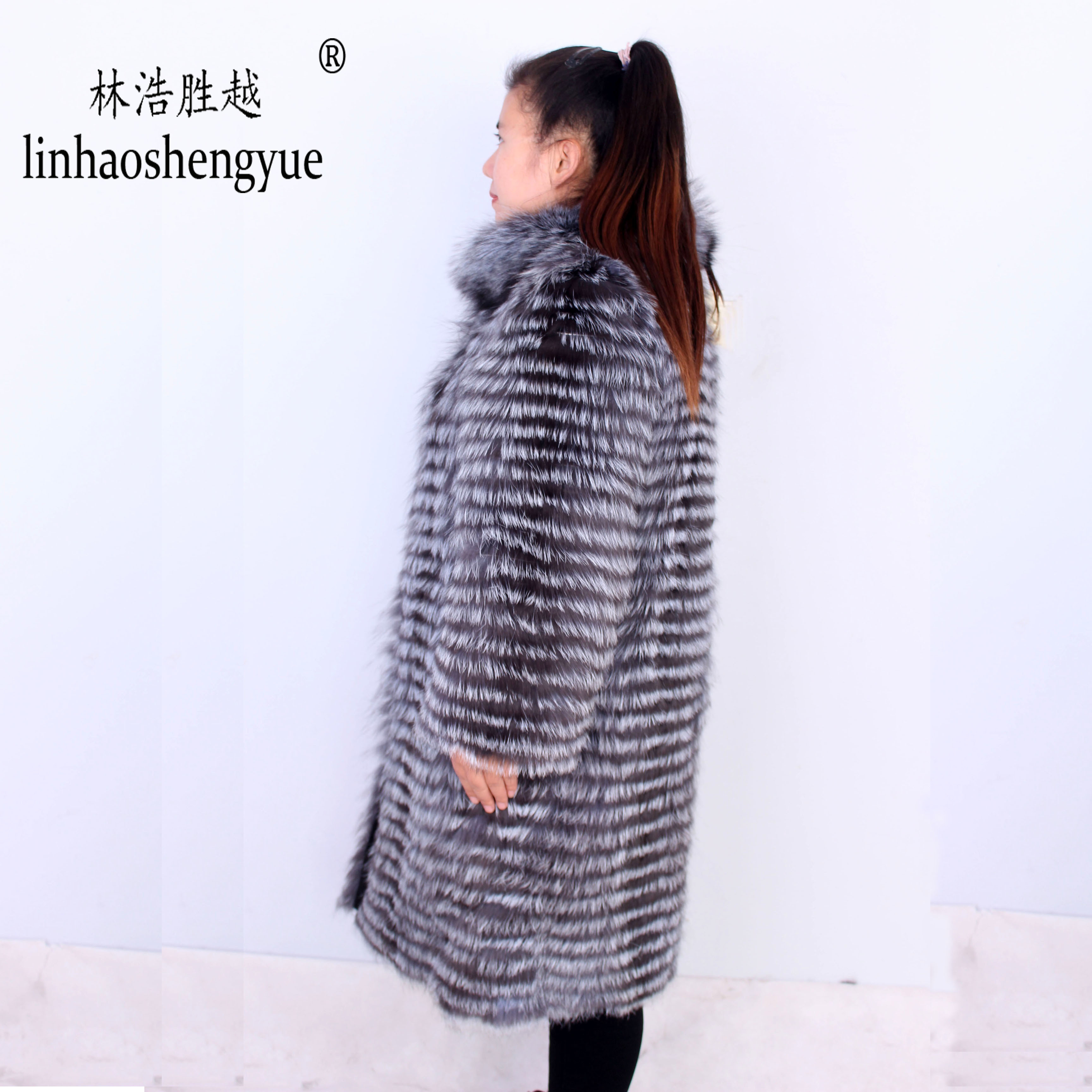 Linhaoshengyue NEW HOT Fox Fur Long Coat Wool Knit Liner With Stylish Stand Collar 201103
