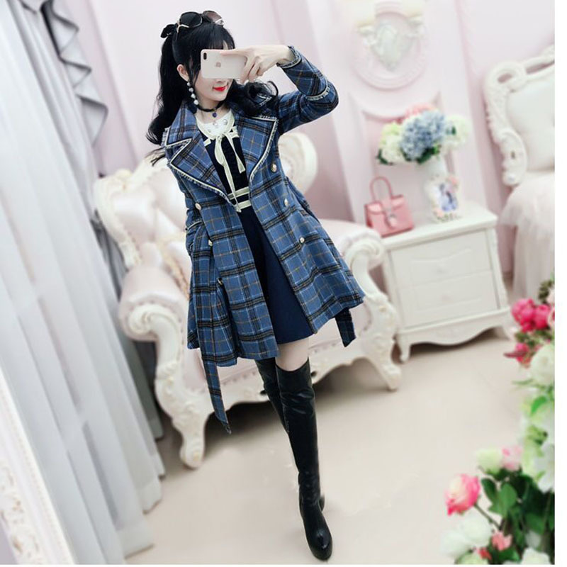 Women's Trench Coat Blue Plaid British Medium Long Woolen Coat Winter New Women Windbreaker 201211