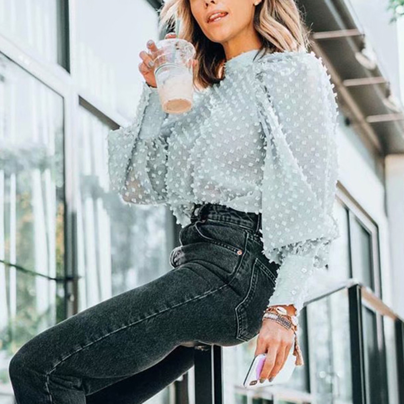 Elegant floral embroidery women blouse shirt Puff sleeve turtleneck female solid chiffon blouse tops Streetwear ladies blouses T200321