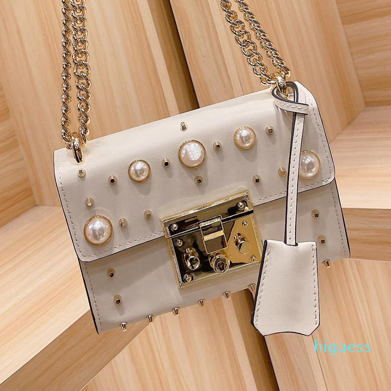 Designer- Women Padlock Bags Pearls Rivet Shoulder Bag Genuine Leather Handbags Fashion Cluth Crossbody Handbag