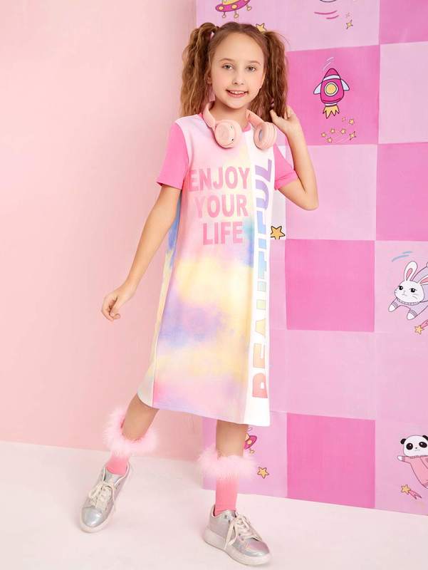 Girls Tie Dye & Slogan Graphic Dress SHE