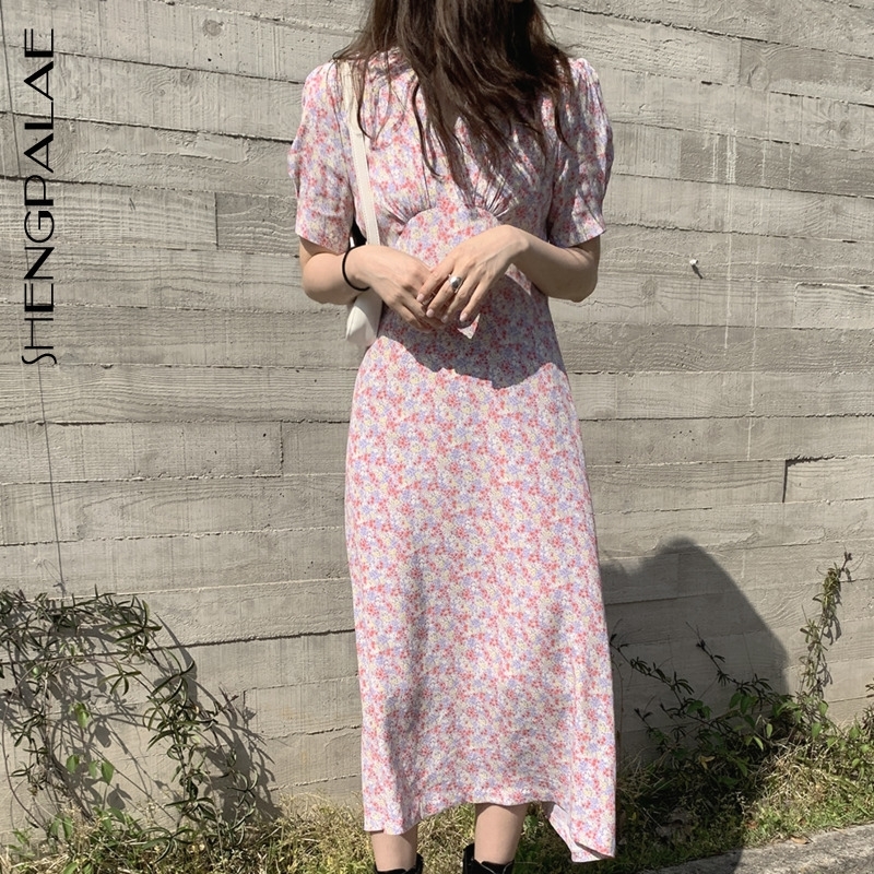 SHENGPALAE Summer Women Vintage Loose High Waist Slim Was Thin Elegant Small Floral V-neck Puff Sleeve Maxi Dress ZA4584 T200613