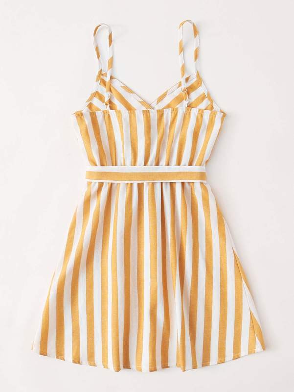 Girls Surplice Neck Self Belted Two Tone Striped Cami Dress SHE
