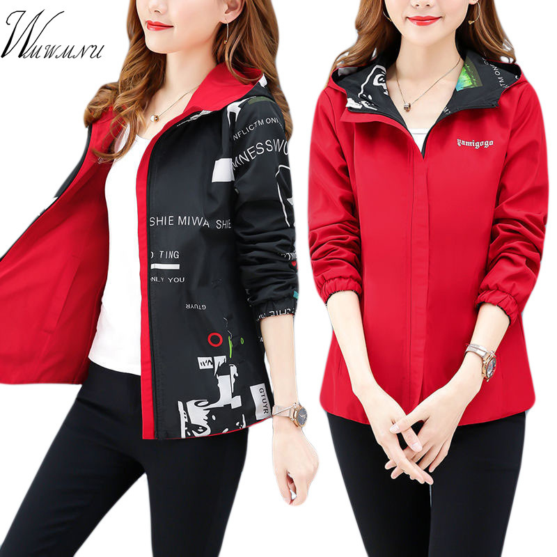 Women's Hooded Printed jacket Summer Causal windbreaker Basic Coats Double sided Sweater Zipper Lightweight Jackets Famale 2XL 201017