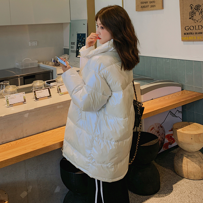 Winter Women Long Jacket Shiny Thick Oversized Female Cold Coat Stand Collar Solid Loose Cotton Padded Casual Parkas Woman 201026
