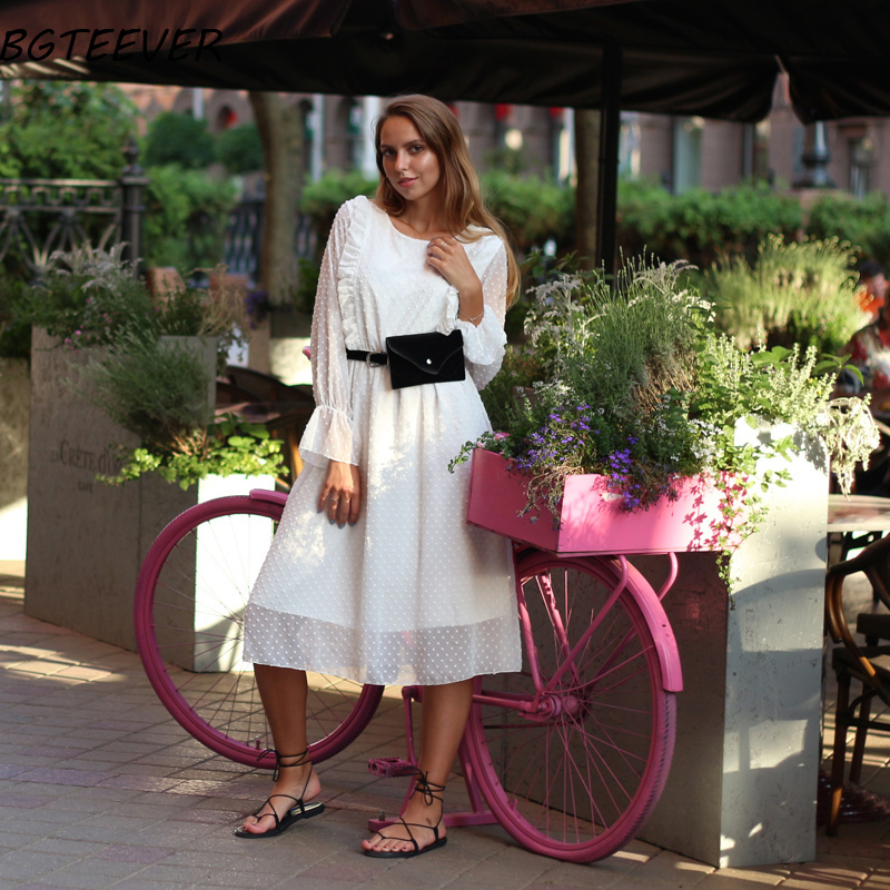 BGTEEVER Ruffles Polka Dot Women Chiffon Dress Elastic Waist Flare Sleeve Female Long Vestidos Aline White Dress T200128