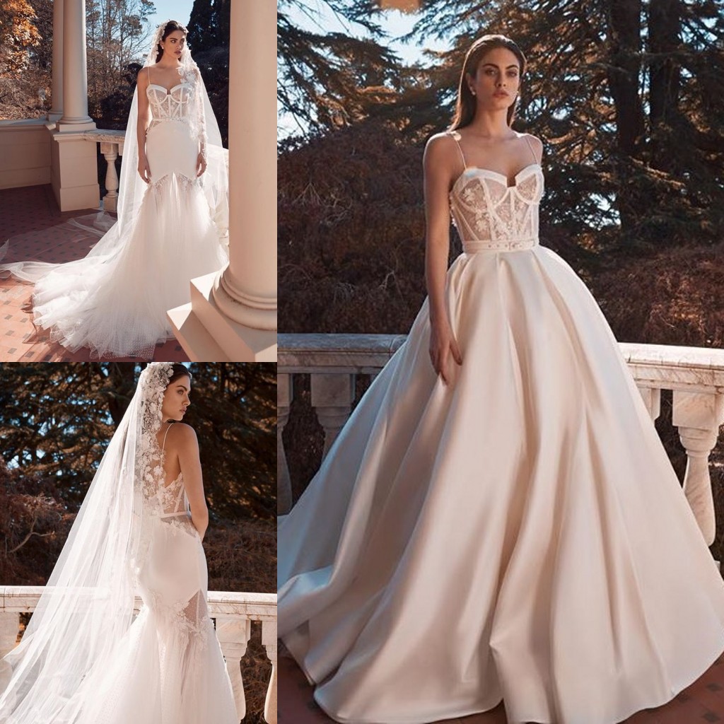 Beaded Mermaid Fashion Wedding Dresses With A Line Satin Detachable Train Spaghetti Straps Bridal Gowns Appliqued Tulle Robe De Marie ppliqued