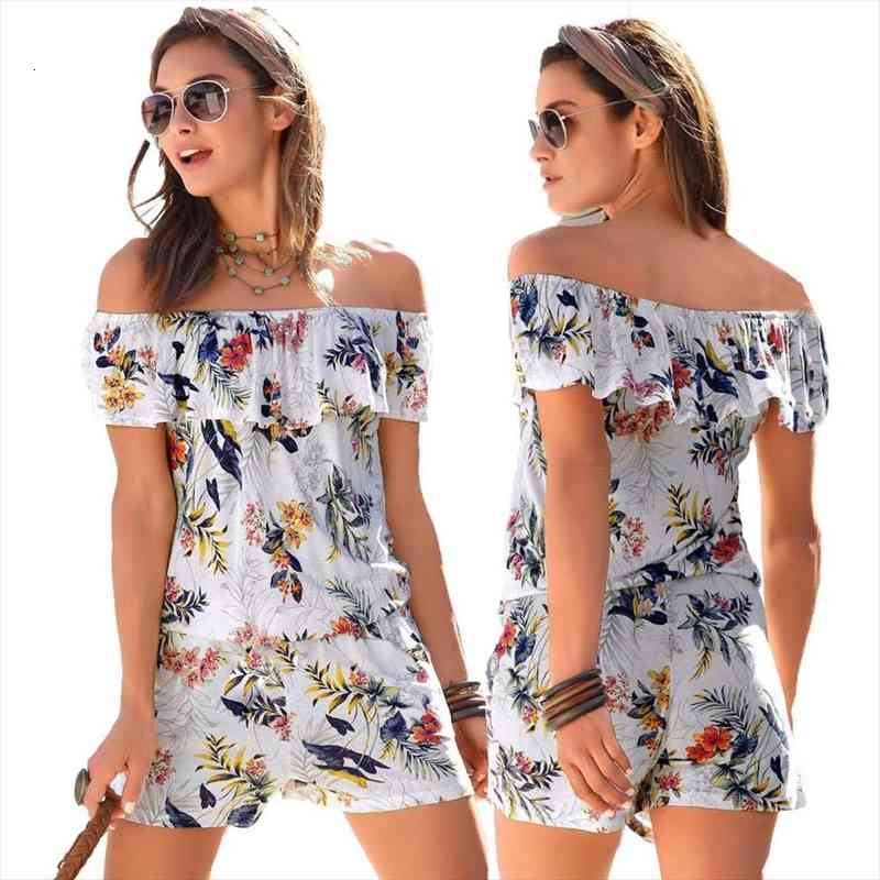 off shoulder short sleeve jumpsuit women romper summer women lady print floral shorts beach ruffles bodysuit overalls, Black;white 
off shoulder short sleeve jumpsuit women romper summer women lady print floral shorts beach ruffles bodysuit overalls, Black;white
