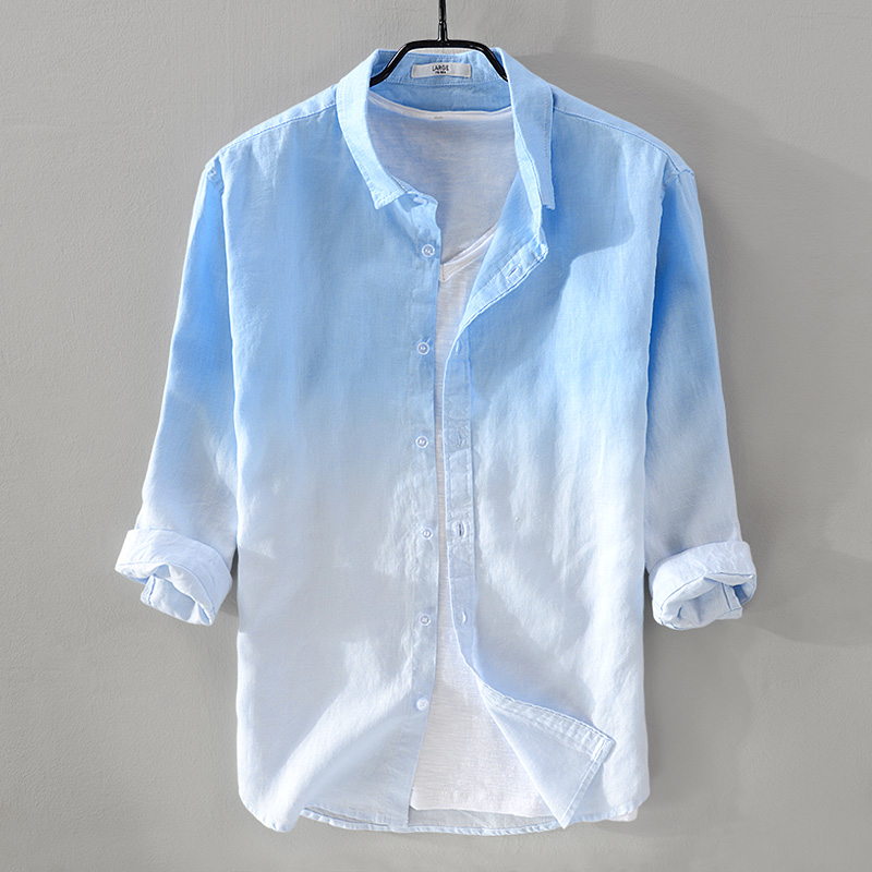 summer men's linen shirt men three-quarter sleeve shirts mens gradient blue male casual camisa dropshipping
