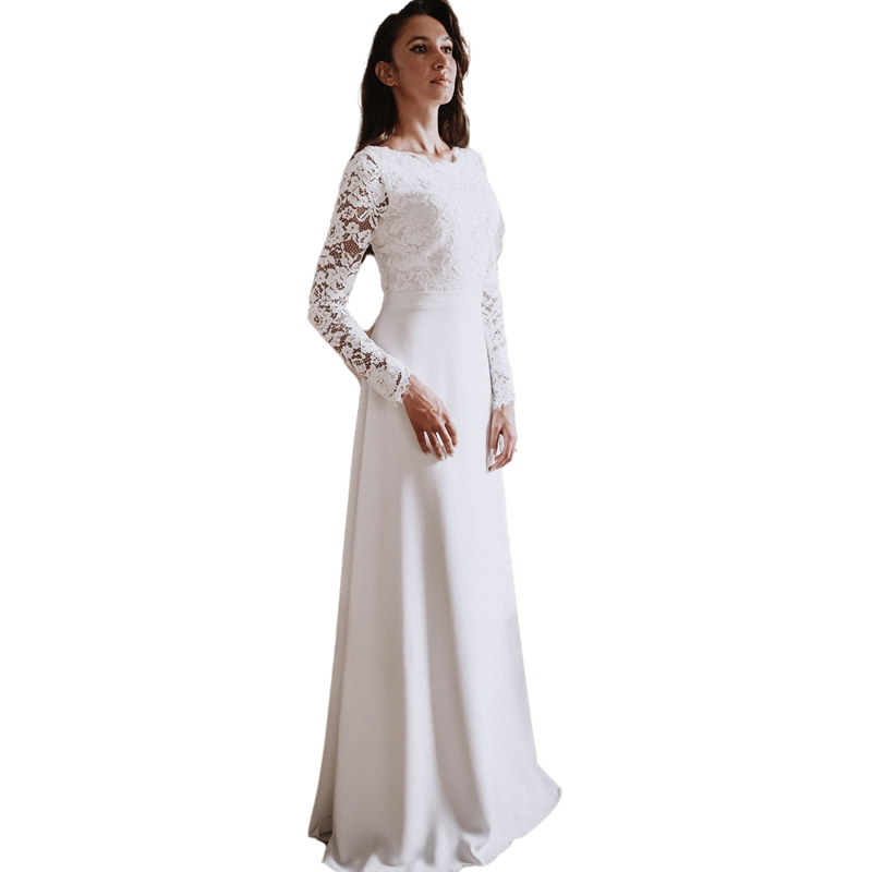 Rustic Lace Long Sleeve Wedding Dress A Line Jewel Neck Romantic White Country Bridal Gowns Floor Length Vestidos De Novia Custom Made Bride Dresses 2