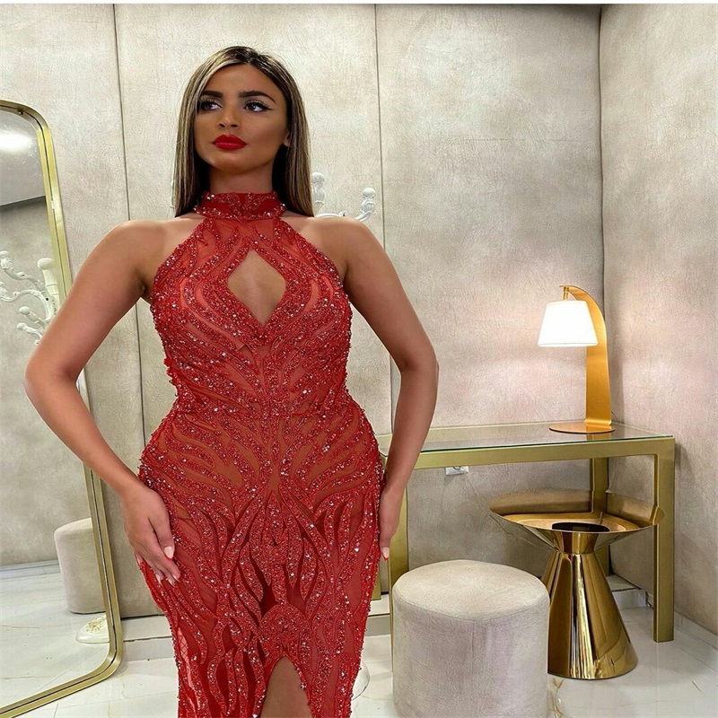 Glitter Sequins Prom Dresses High Neck Beads Sexy Front-split Red Evening Dress Custom Made Sweep Train Mermaid Formal Party Dress