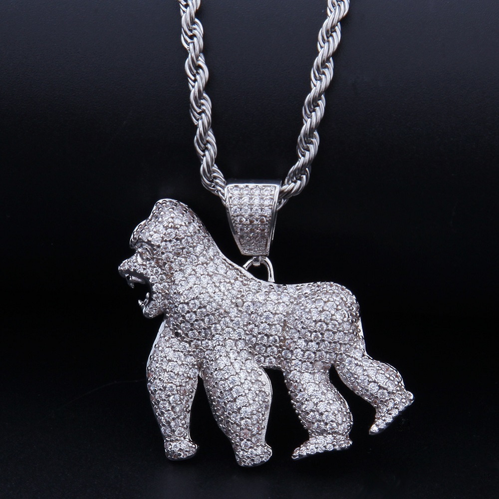 Men Iced Out Bling Ape Zircon Pendant Necklace Hip Hop Rock Gold Silver Color Jewelry Gift with Stainless Steel Chain Necklace 201013
