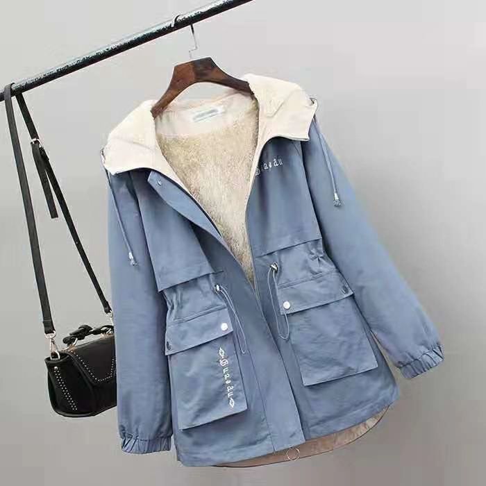 Vangull Thick Velet Women Trench Coat Hooded Collar Zipper loose Female Trench Plus Size Letter print Adjustable Waist Wind coat T200810