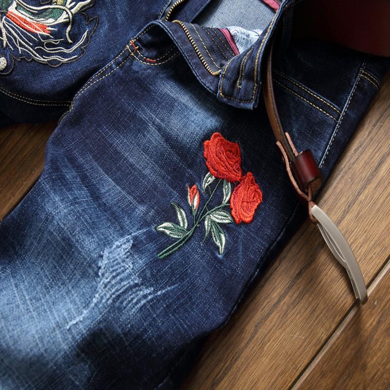 Men's Jeans 2021 Men Denim Pencil Pant Embroidery Stretch Red Rose Dragon Mens Casual Slim Trouser Power Man Club Hip Hop Cool Punk Jean