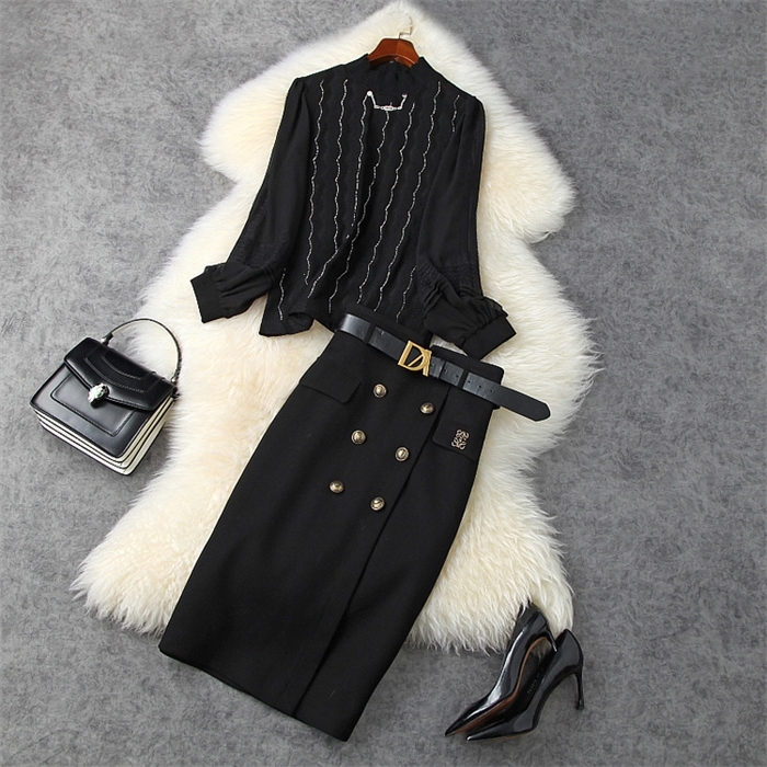 2020 Fall Long Sleeve Round Neck Black Lace Panelled Knits Tees Sweater Top + Belted Buttons Mid-Calf Skirt Two Piece 2 Pieces Set MN0911535, White
2020 Fall Long Sleeve Round Neck Black Lace Panelled Knits Tees Sweater Top + Belted Buttons Mid-Calf Skirt Two Piece 2 Pieces Set MN0911535, White