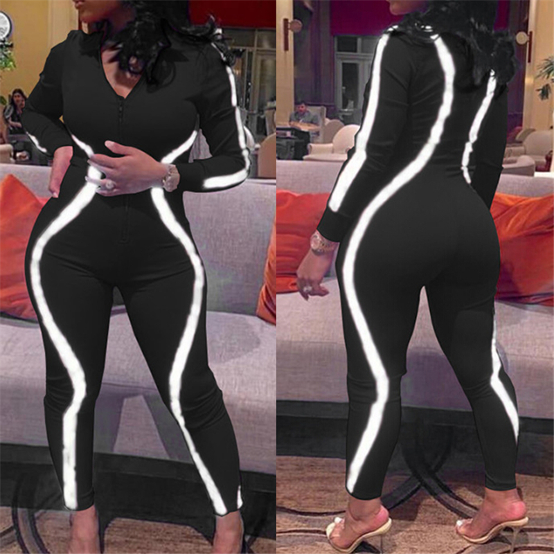 New Fashion Women Clubwear Playsuit Long Sleeve Bodycon Party Jumpsuit Women V-neck Reflective Stripe Clothes Romper Trouser T200509