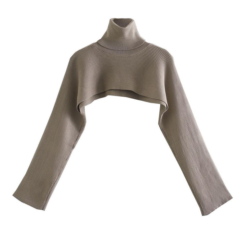 Fall Winter Women Knit Crop Top Knitted Arm Warmers High Neck Chic Sweater Casual High Street Cropped sweater 201221