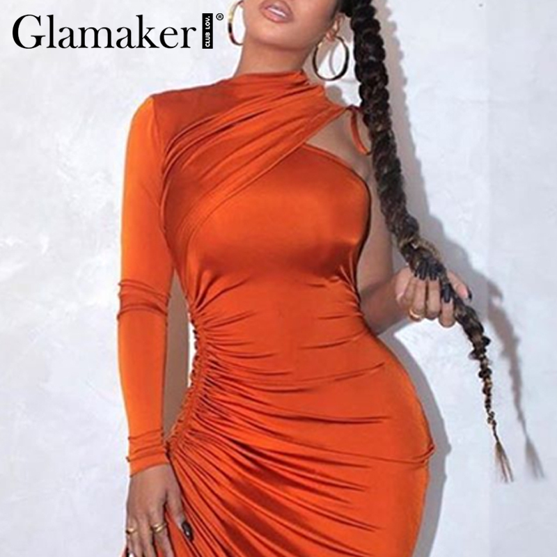 Glamaker Pleated high split sexy bodycon dress Women black long sleeve party night club dress Elegant midi autumn dress ladies LJ201202