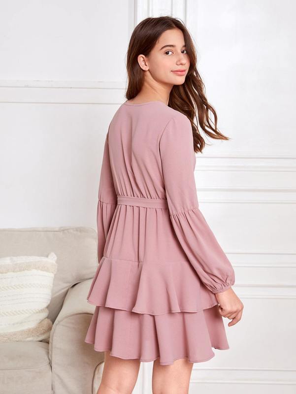 Teen Girls Lantern Sleeve Two Layer Hem Belted Dress SHE