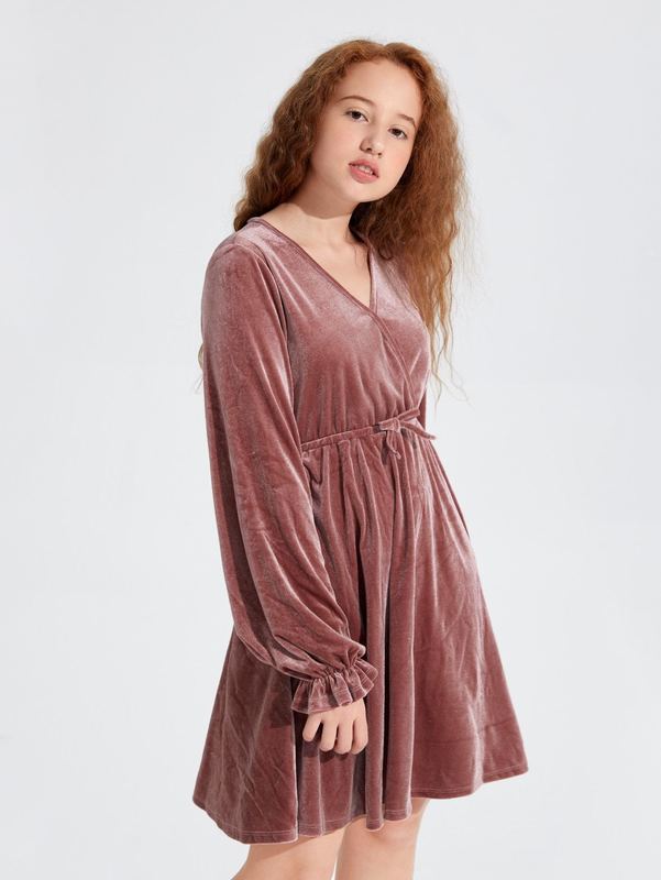 Teen Girls Surplice Neck Lantern Sleeve Tie Waist Velvet Dress SHE
