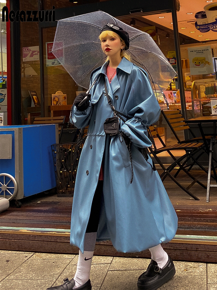 Nerazzurri Oversized blue long leather trench coat women raglan sleeve drawstring Loose casual plus size waterproof raincoat 7xl 201226