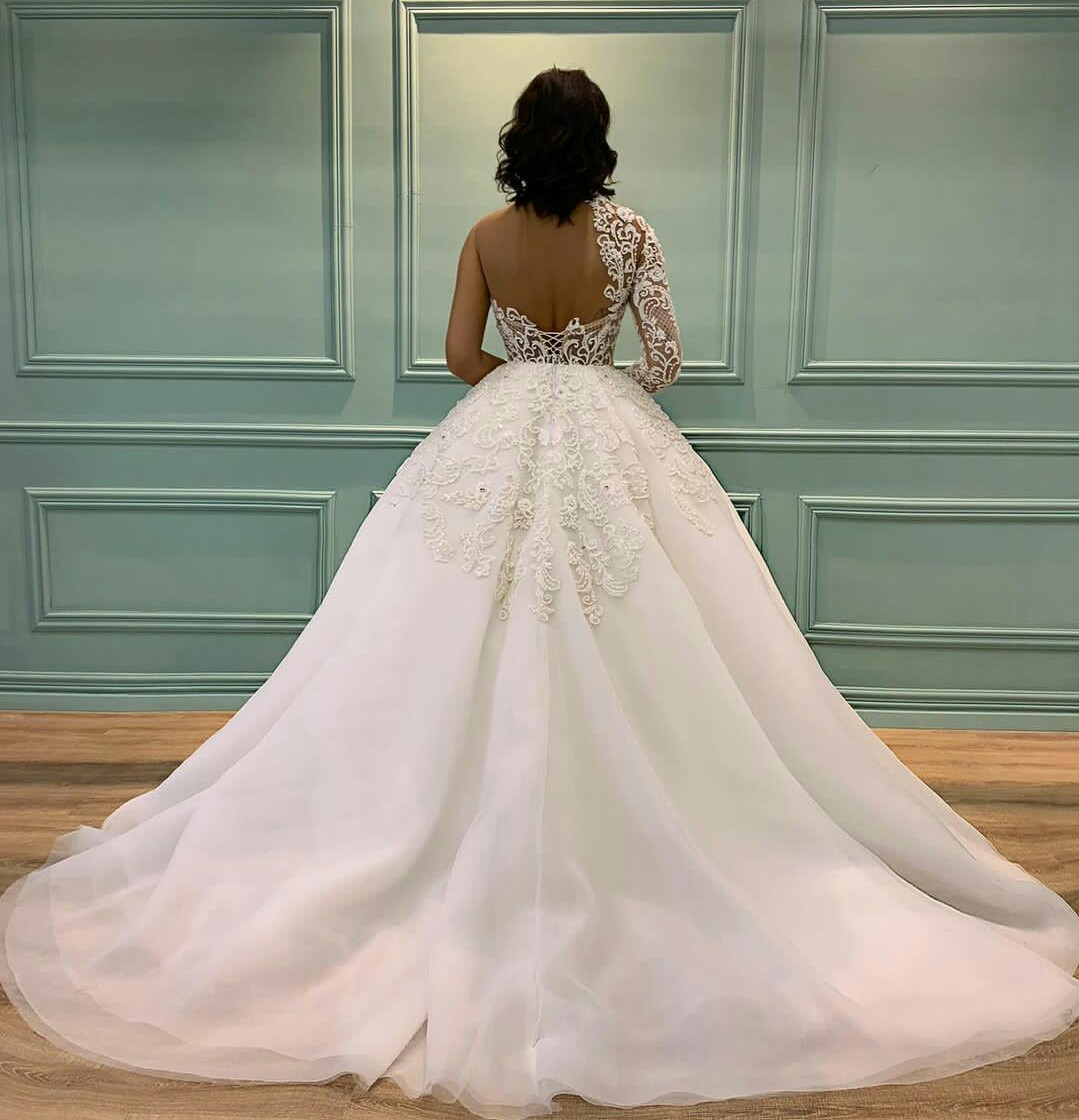 Illusion Lace Ball Gown Wedding Dresses Sheer High Collar Long Sleeve Puffy Sweep Train Bridal Gowns Plus Size Robe De Mariée