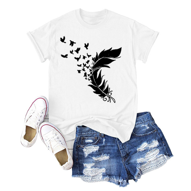 2020 Women casual Harajuku fashion t-shirt feather print loose o-neck short sleeve elastic stretched summer home new Tee Shirt