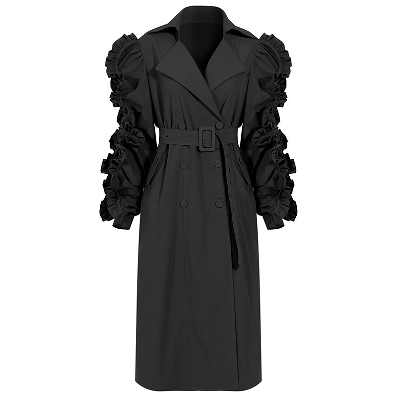 DEAT turn-down collar ruffles patchwork full sleeves shoulder high waist double breasted waist belt female windbreaker WO03106L 201211