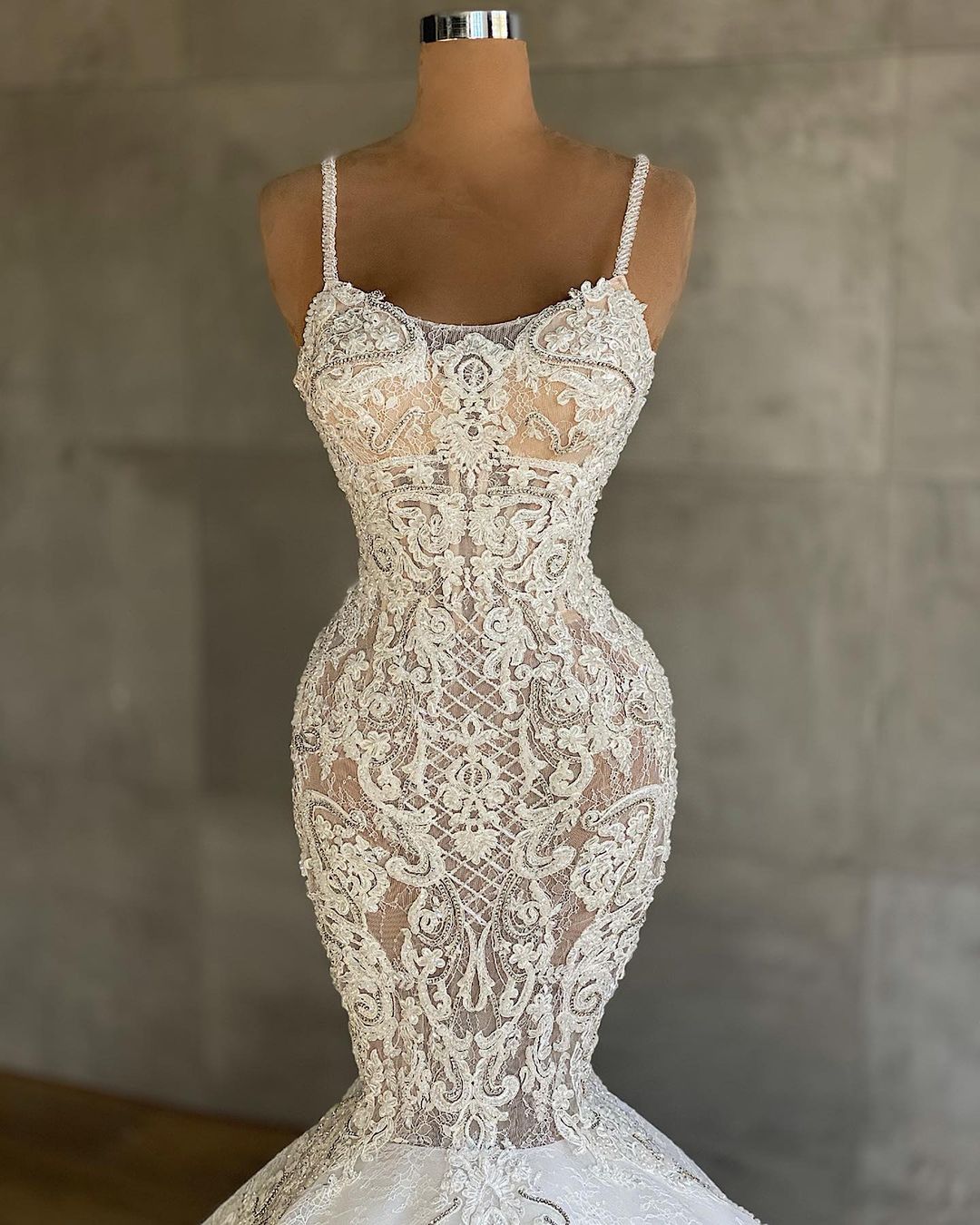 Lace Gorgeous Mermaid Beaded Wedding Dresses Spaghetti Straps Neck Plus Size Bridal Gowns Sweep Train Robe De Mari E