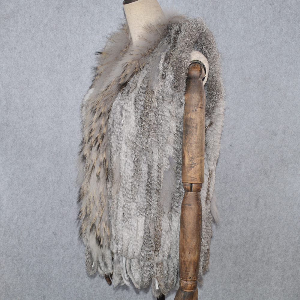 Party Women Real Rabbit Fur Vest Knitted Tassels Real Genuine Rabbit Fur Gilet Real Raccoon Fur Collar Waistcoat 201016