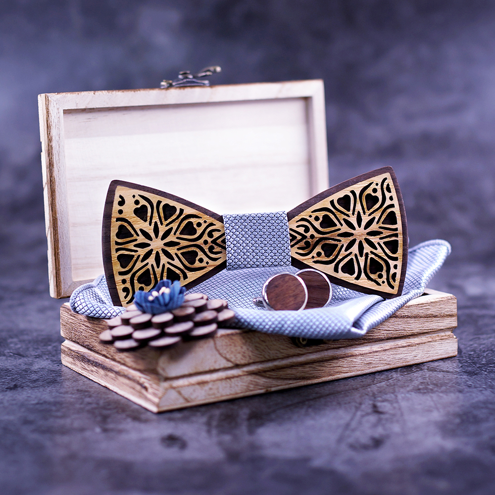 Double layer Wooden Bow Tie Men's Silver grey Wood Bowtie Cufflinks Set Business CuffLinks for Wedding corbatas para hombre 201028