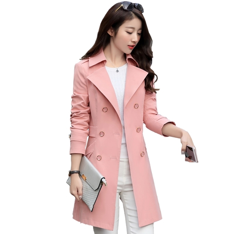 Women Casual Double-breasted Trench Coat Spring Autumn Slim Meidum Long Elegant Woman Outerwear Korean Style Windbreaker 201102