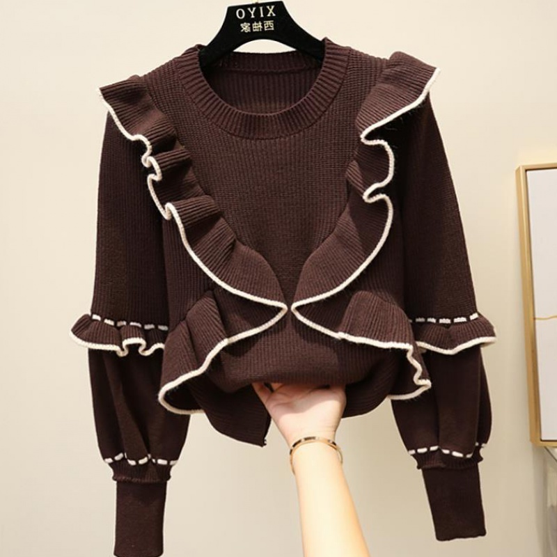 Autumn winter women's top Korean style the ruffle stitching pullover sweater new lantern sleeve knitted bottoming tops LL283 201111wtt