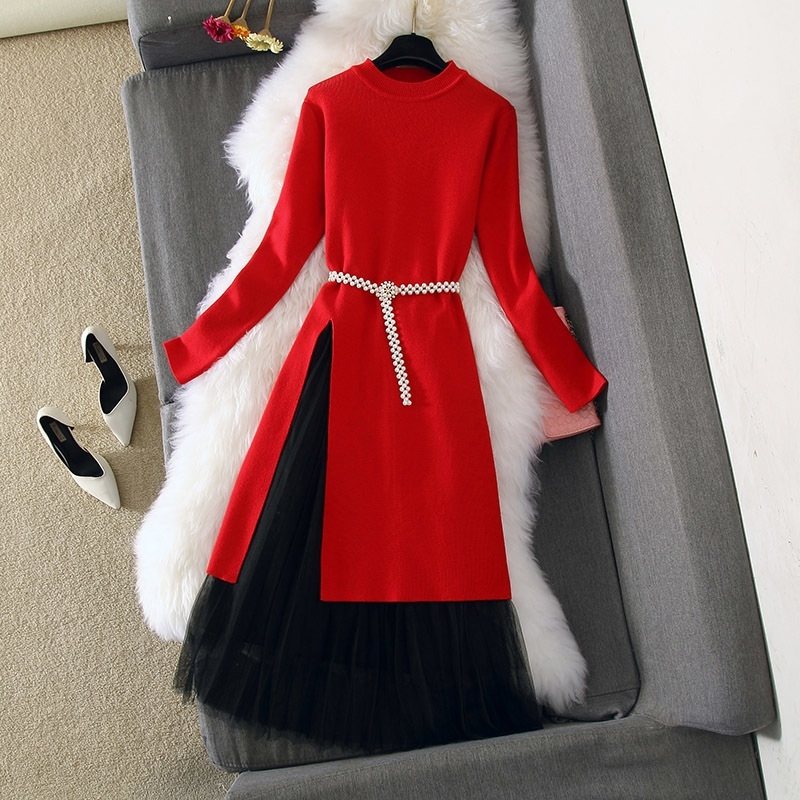 Amolapha Women Knit Sweater Dress+Mesh Skirts Sets Long Sleeve Woman Solid Long Jumpers Skirt Suit Vestidos T200325