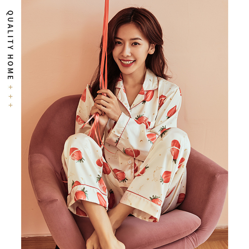 New Autumn Women Silk Satin Printing Pajamas Set Dot Long Sleeved Shirt and Trousers Home Service Suit Satin Pajamas for Women T200429