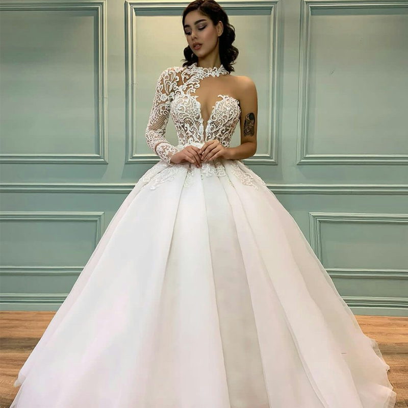 Illusion Lace Ball Gown Wedding Dresses Sheer High Collar Long Sleeve Puffy Sweep Train Bridal Gowns Plus Size Robe De Mariée