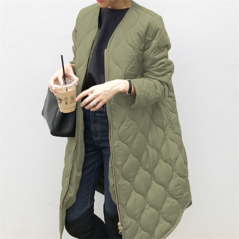 Autumn Cotton Padded Jacket Office Ladies Korean Warm Solid Green Zipper Retro Causal Long Parkas Winter Coat Outwear Overcoat 201017