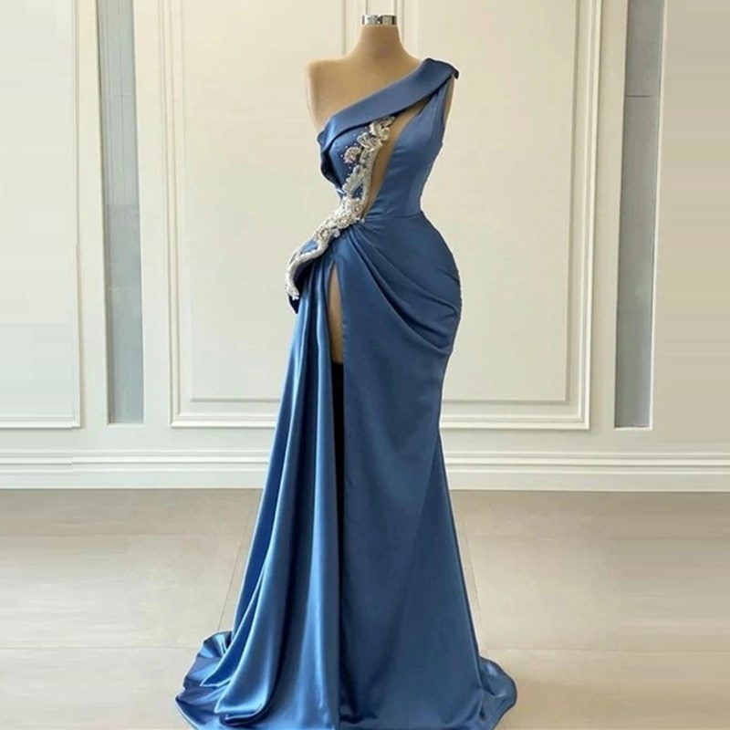 Dark Green Sequined Mermaid Prom Dresses One Shoulder Neck Side Split Evening Gowns Satin Sweep Train Formal Dress 008