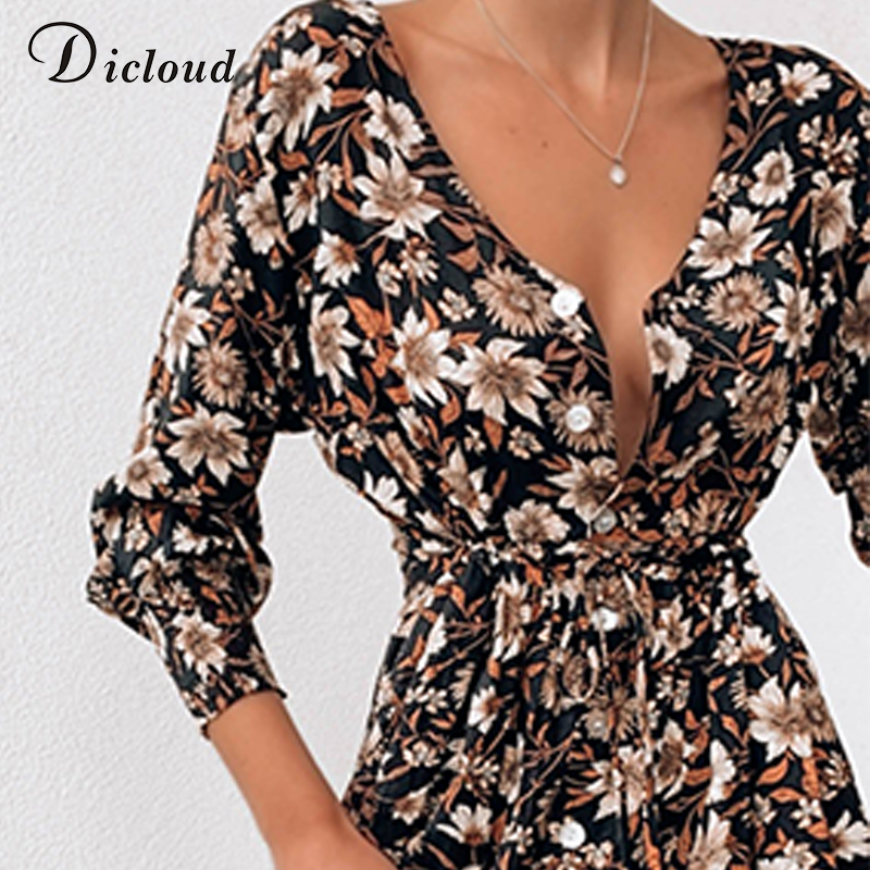 DICLOUD Women Floral Print Boho Party Dress Sexy V Neck Long Sleeve Autumn Winter Clothes With Waist Tie Elegant Day Dress 201030