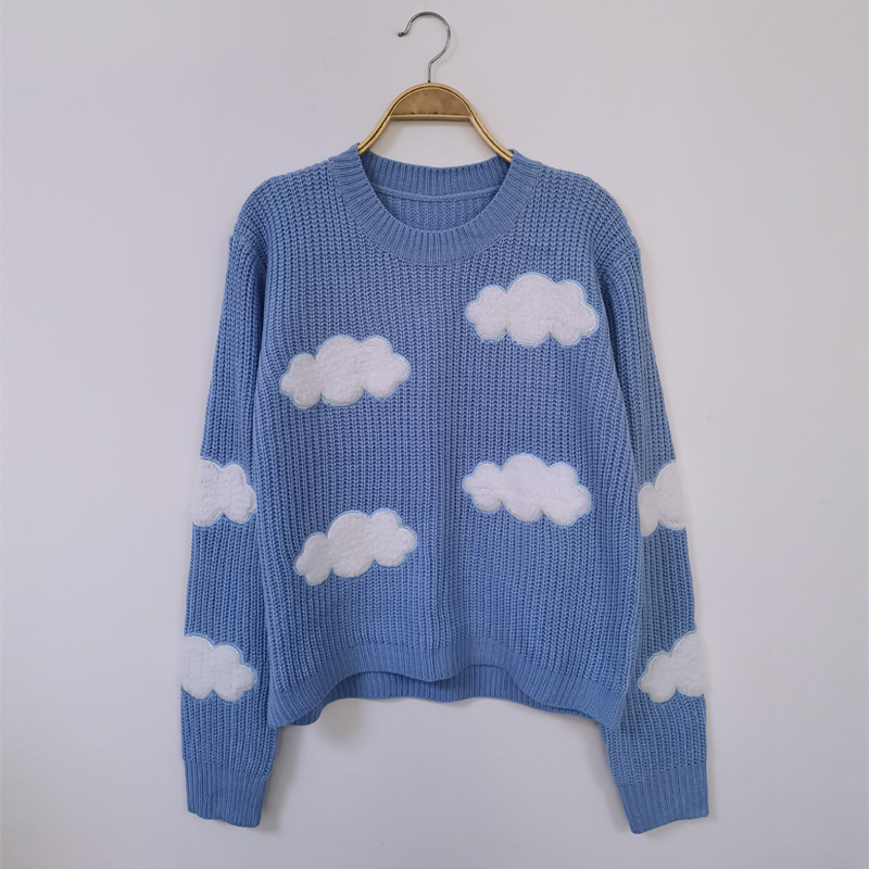 Women's Cozy Clouds Sweater Cute Cartoon Long Sleeve Crew Neck Pullover Jumper Fall Winter Knit Tops / 201023