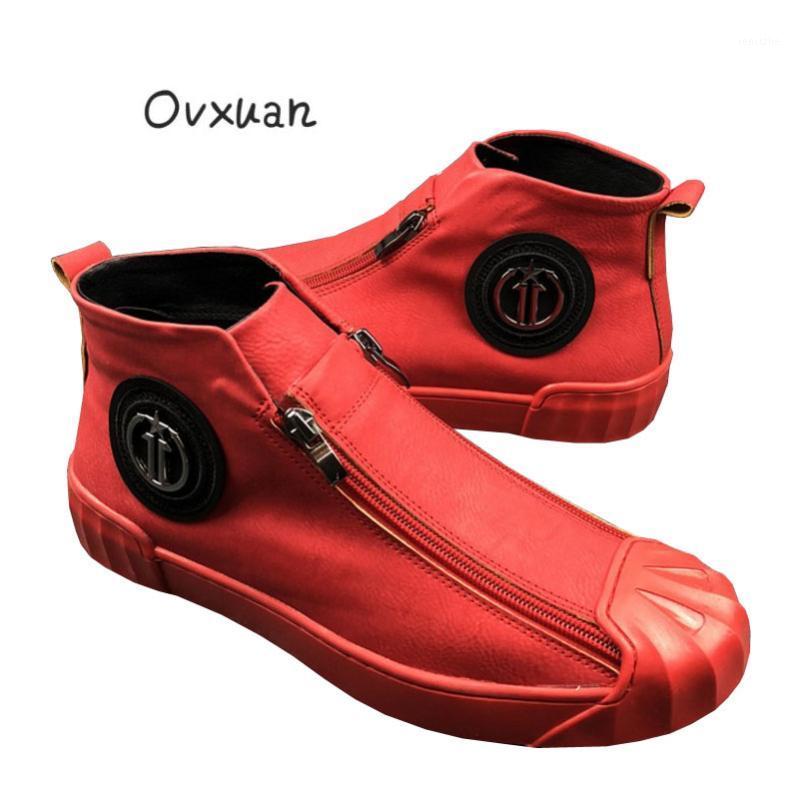 

OVXUAN Men Ankle Boots Metal Zipper Round Toe High Platform Touring Shoes Red Black High Top Sneakers Male 20211, Red boots men