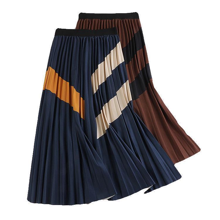 Autumn New Arrival 3 Color Aline Temperament Color Matching Collage Skirt Cotton Pleated Skirt Striped Skirt 201110