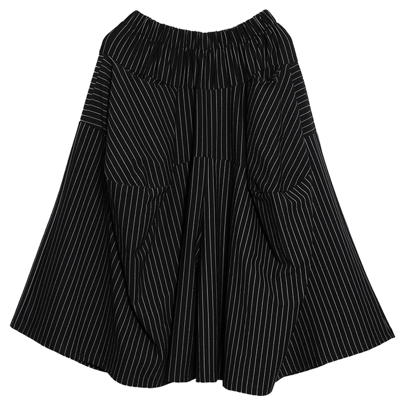 EAM New Spring Autumn High Elastic Waist Black Striped Big Pocket Stitching Wide Leg Pants Women Trousers Fashion JH787 201112