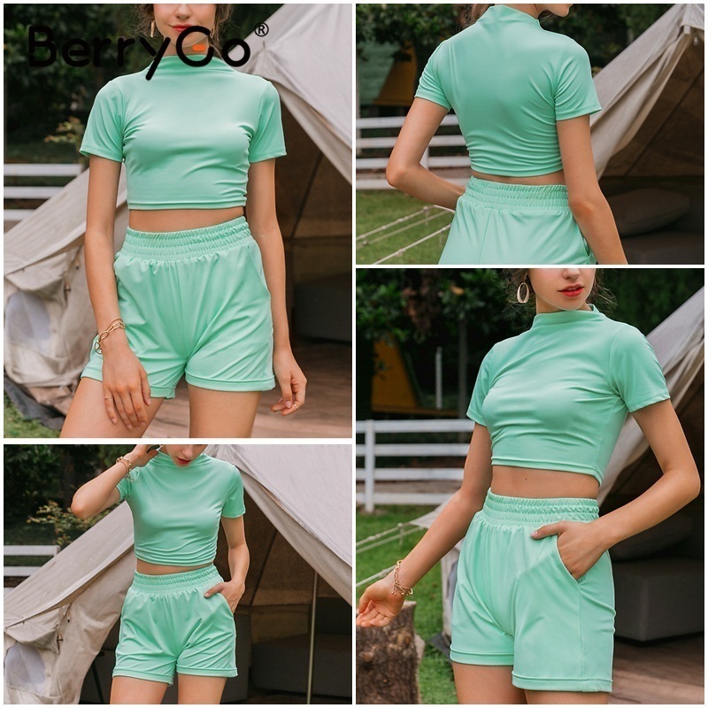 BerryGo Sexy turtleneck two-piece women shorts set Casual short sleeve womens tracksuit Tight female suits summer sport suit T200610