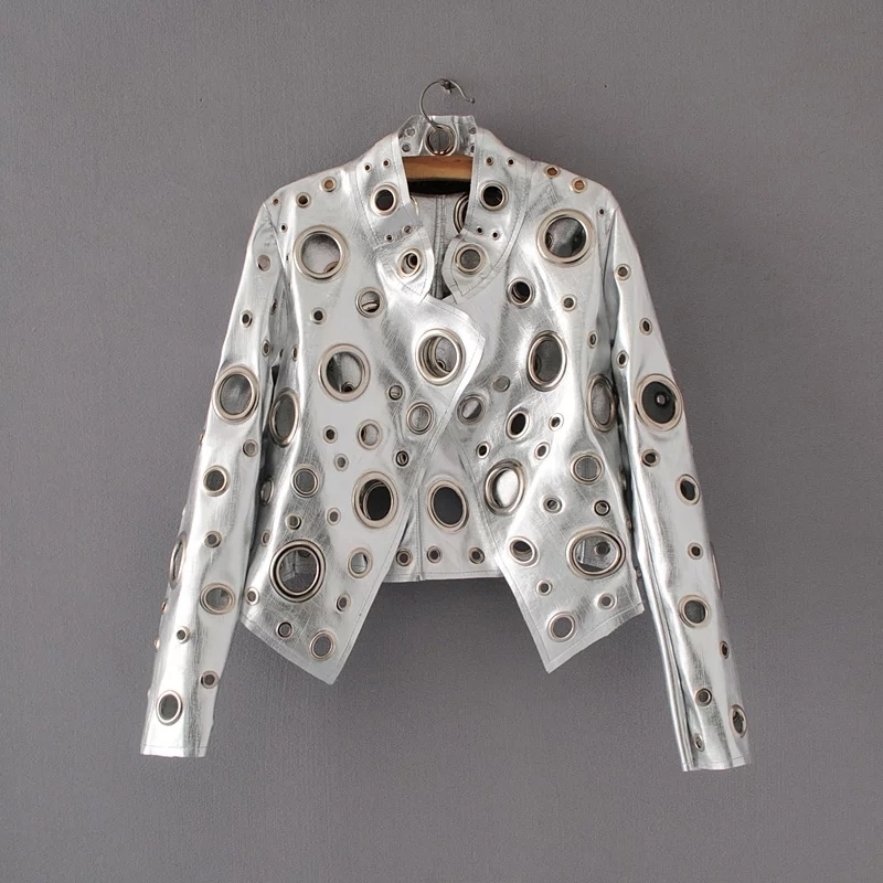 Spring Personality PU Round Hole Women Jacket Gold Black Silver Color Stand Collar Long Sleeve Coat Leather Clothing Top 201026