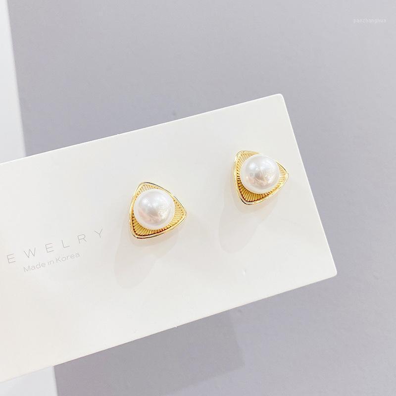 Stud 2022 Arrival S925 Silver Needle Triangle Earrings For Women 14K Real Gold Plated Jewelry Pearl, Golden;silver