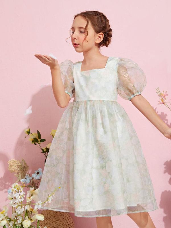 Girls Puff Sleeve Organza Floral Dress SHE